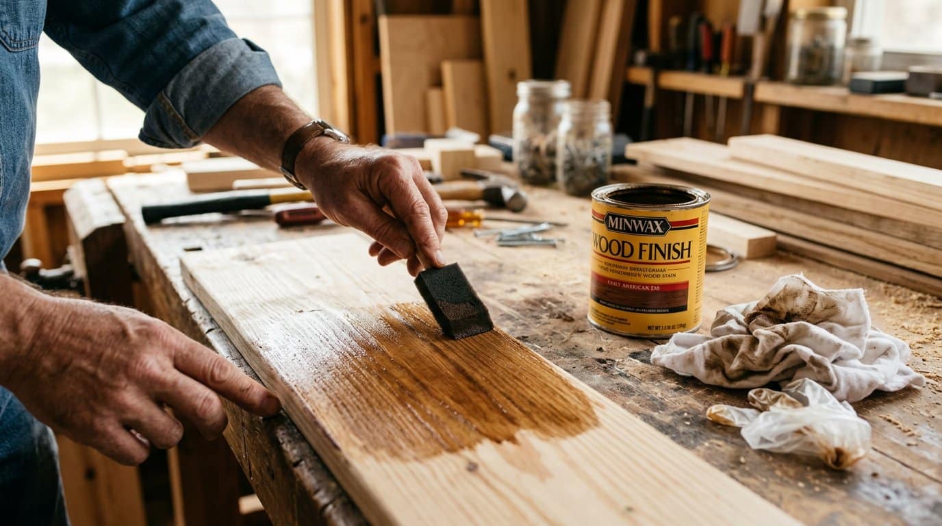 Applying wood stain to a pine board with a foam brush in long even strokes