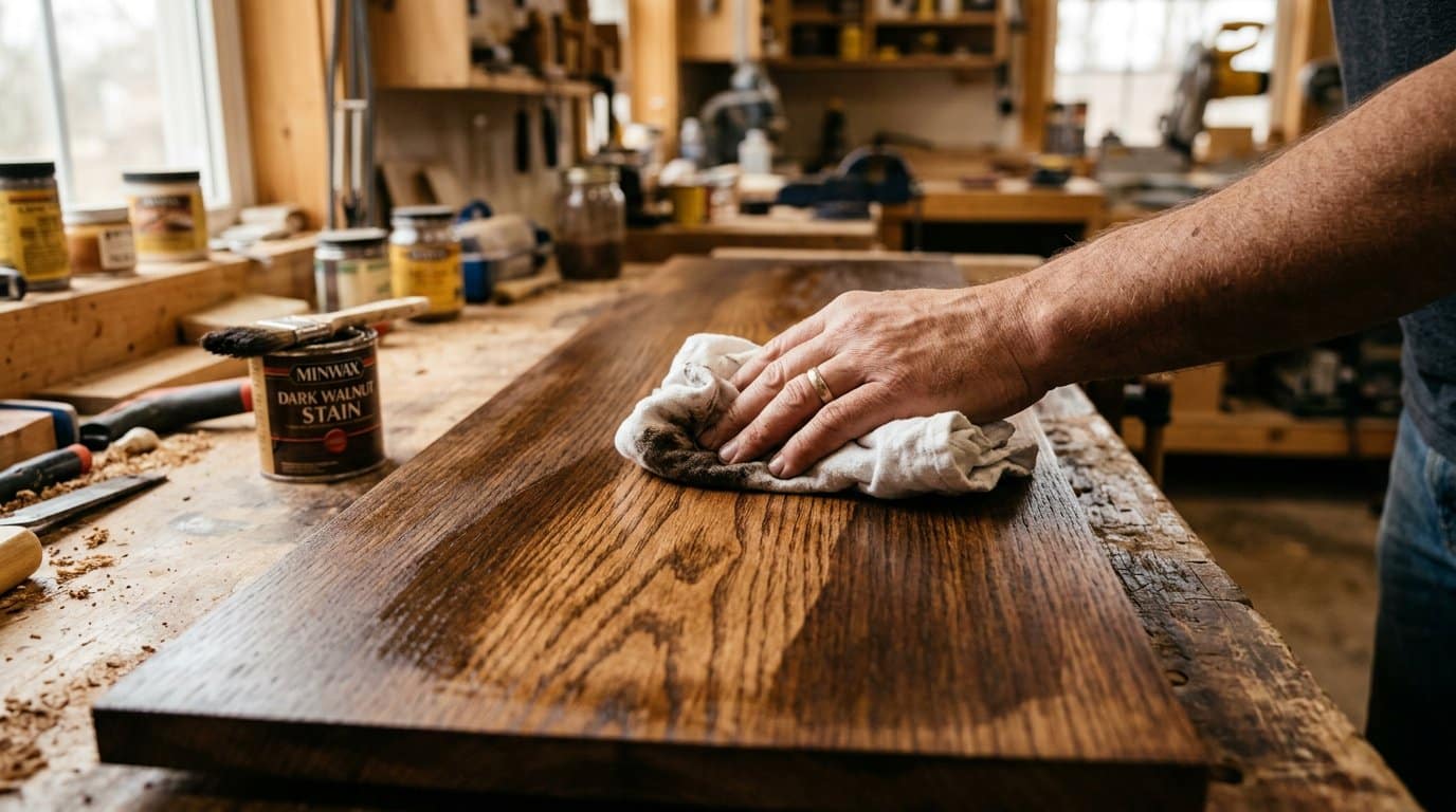 Wiping excess wood stain off a stained board with a lint-free cloth to reveal the wood grain