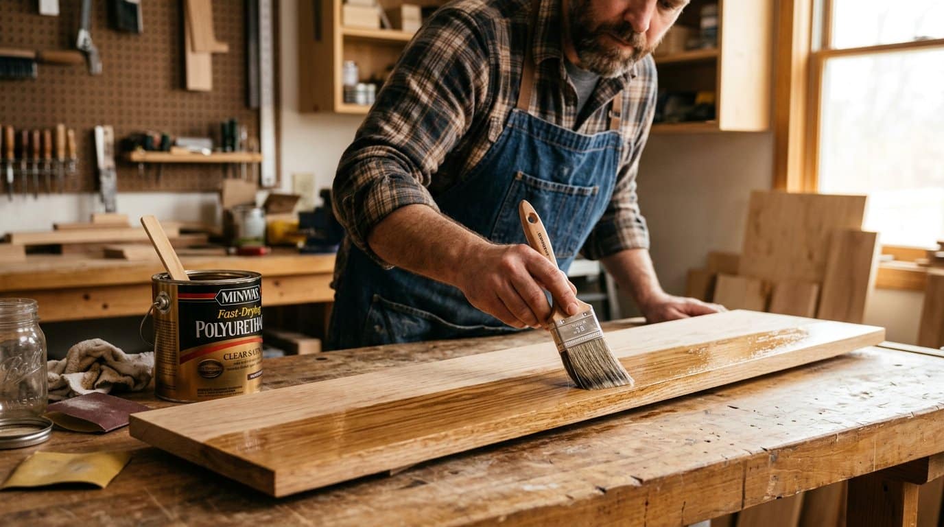 Brushing a thin even coat of clear satin polyurethane onto a wooden shelf board