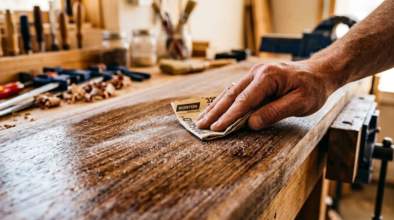 Lightly sanding a dried polyurethane coat with fine 320-grit sandpaper to smooth dust nibs between coats