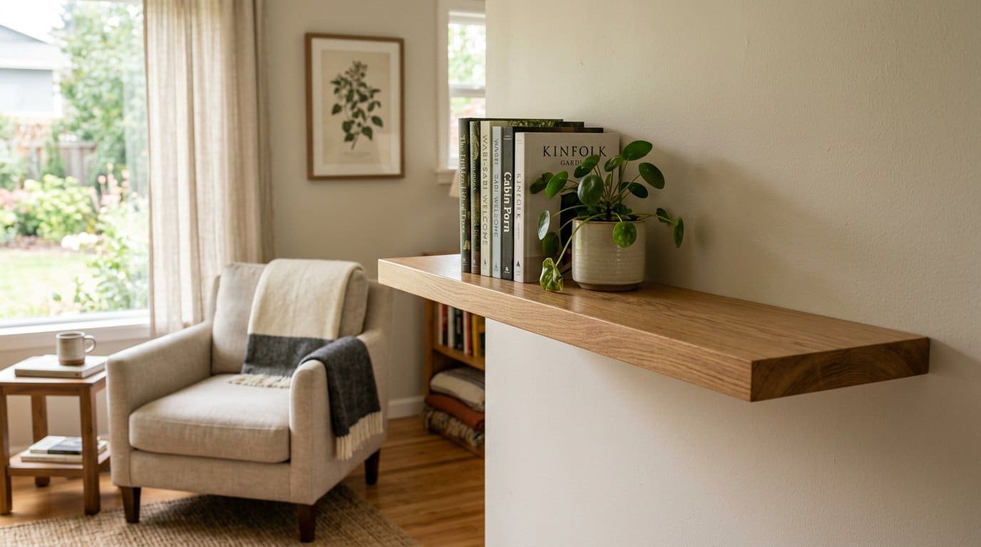 Finished solid oak floating shelf with a smooth satin finish mounted on a living room wall holding books and a plant