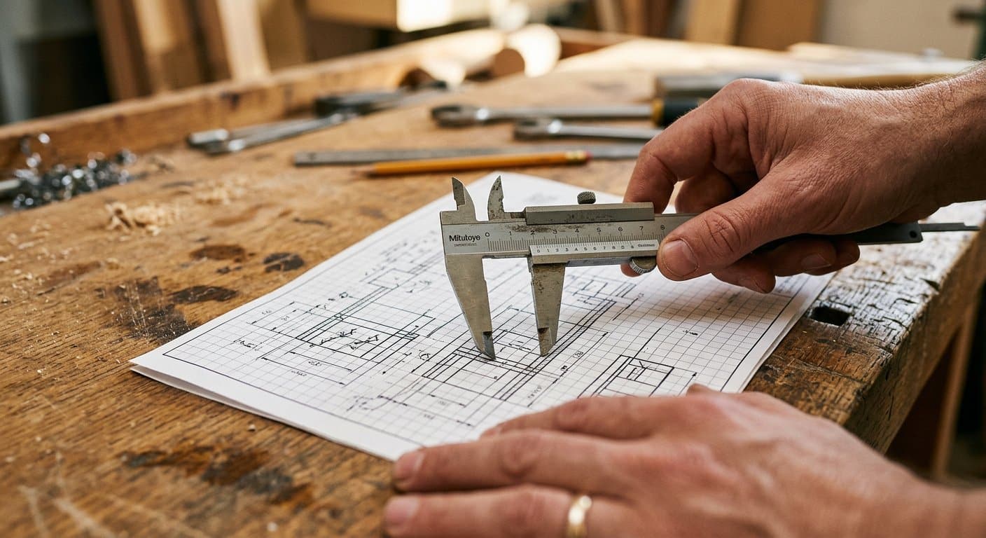 Hands measuring a scaled woodworking plan with a caliper on a workbench