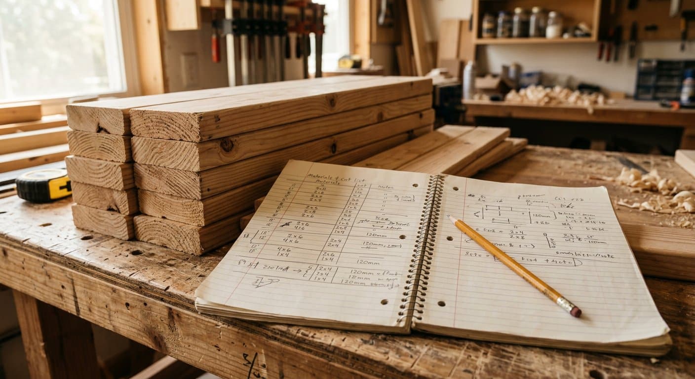 A handwritten materials and cut list beside stacked pine boards in a workshop