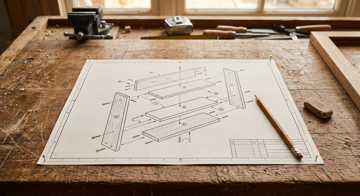 An exploded-view diagram of a wooden shelf project on a workbench