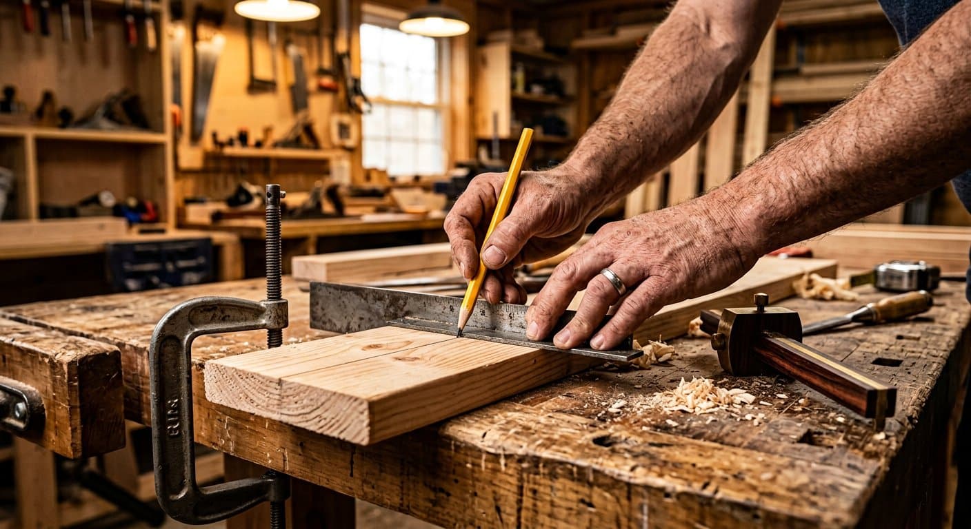 Marking a cut line on pine board with a marking gauge and carpenter's square
