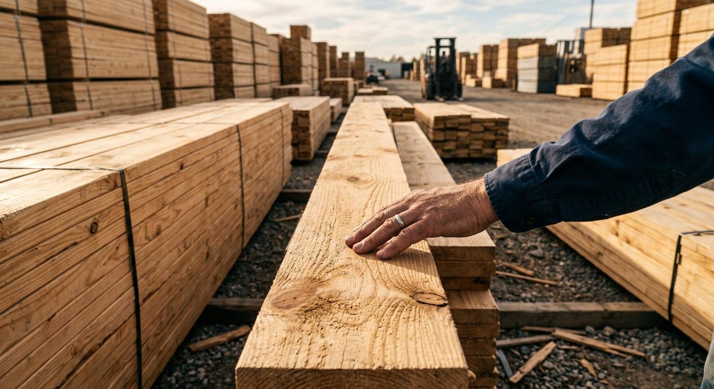 Hand touching the grain of stacked pine lumber boards at a timber yard