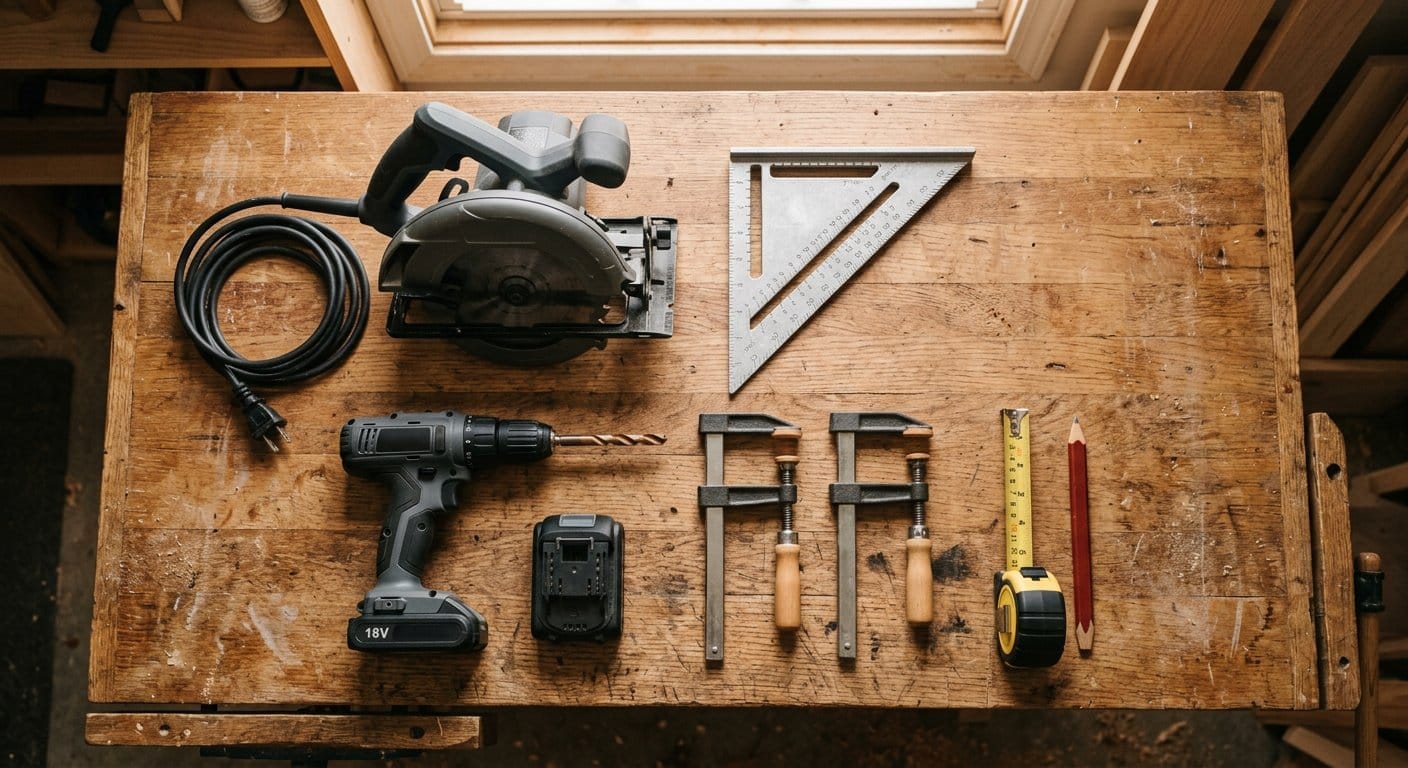 Beginner woodworking tool kit laid out on a workbench with circular saw and drill