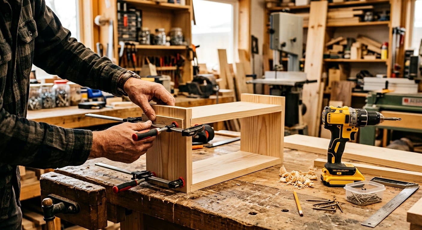 Assembling a wooden shelf with bar clamps and a cordless drill in a workshop