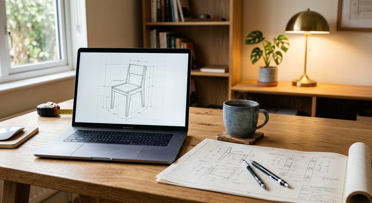 Laptop showing a furniture design drawing beside printed woodworking plans