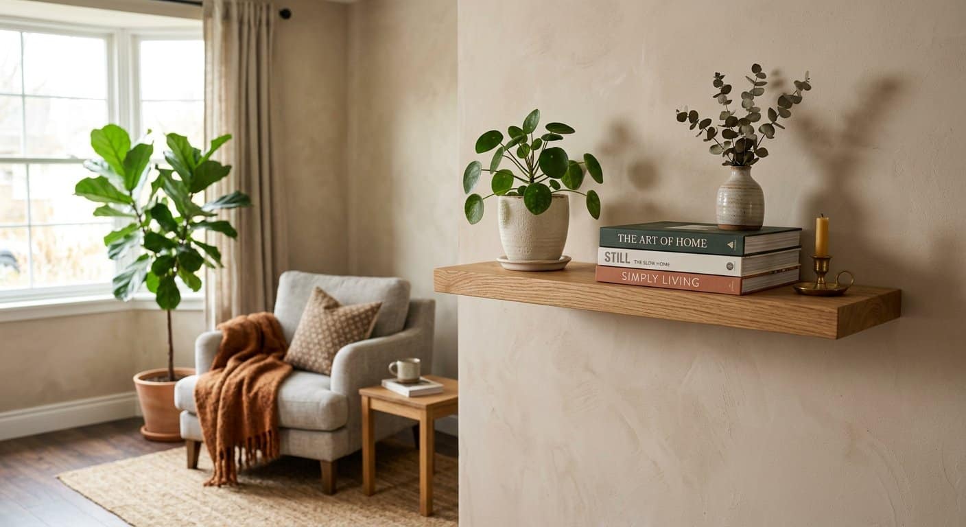Finished wooden floating shelf styled with plants in a cozy living room