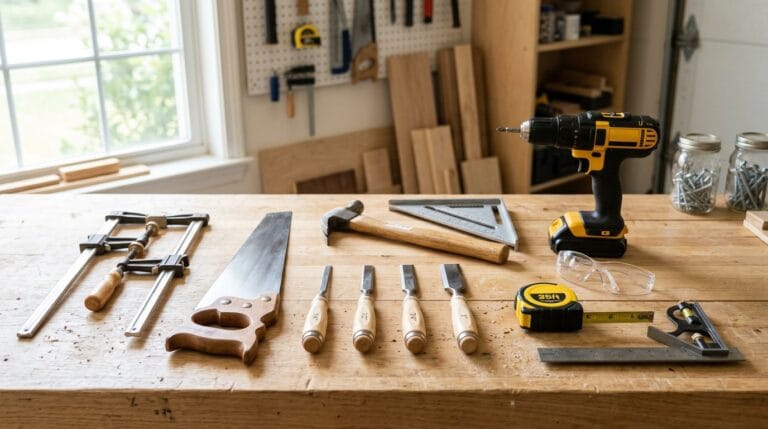 Beginner woodworking tool collection arranged on a light wooden workbench