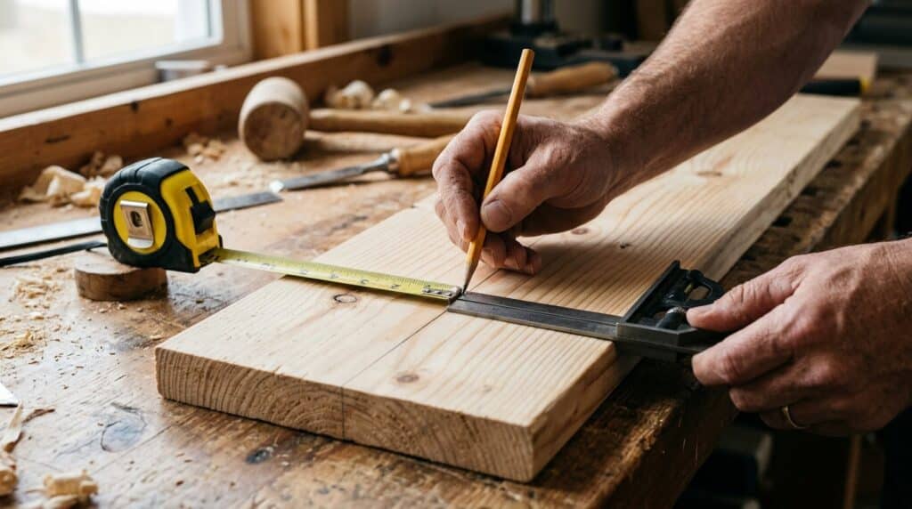 Woodworking Tools for Beginners: The 12 Essentials You Actually Need (and 5 You Don't) 3 Measuring and marking a pine board with a tape measure and combination square