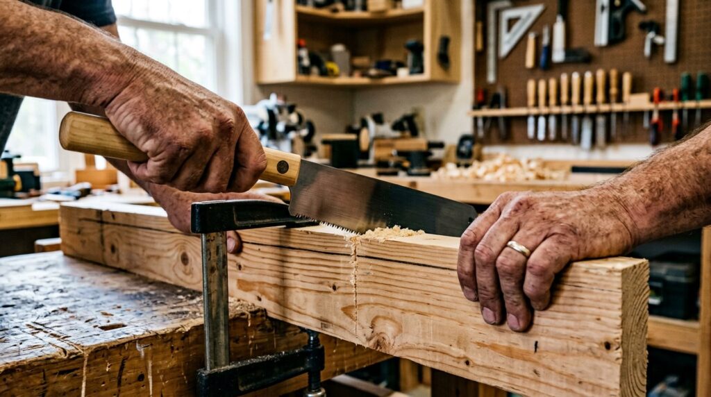Woodworking Tools for Beginners: The 12 Essentials You Actually Need (and 5 You Don't) 4 Starting a straight cut across a pine board with a Japanese pull saw