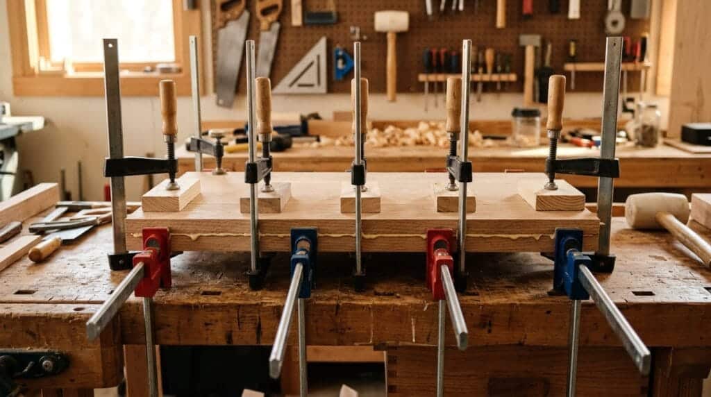Woodworking Tools for Beginners: The 12 Essentials You Actually Need (and 5 You Don't) 5 Bar clamps and F-clamps holding a freshly glued panel flat on a workbench