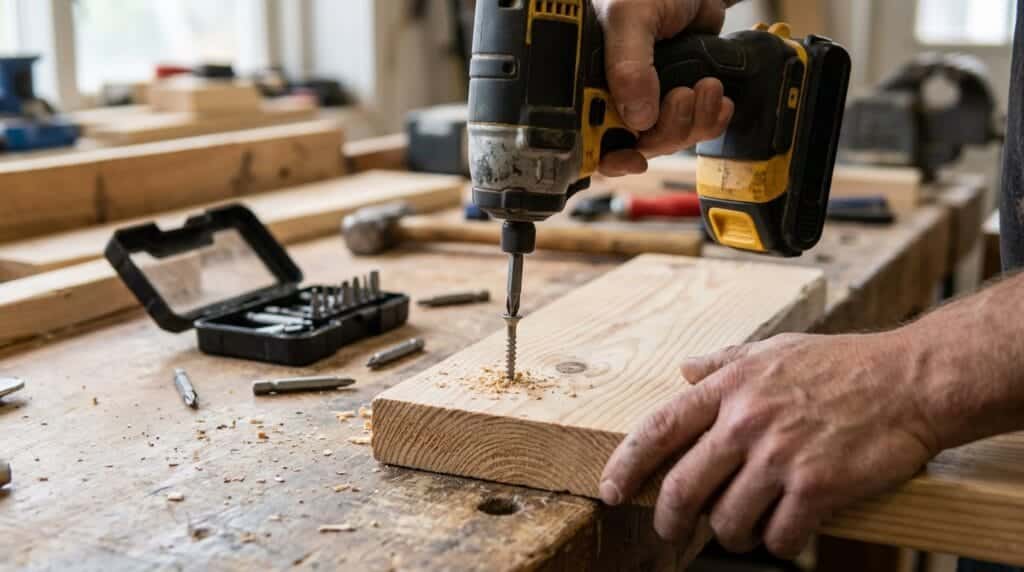 Woodworking Tools for Beginners: The 12 Essentials You Actually Need (and 5 You Don't) 6 Cordless drill driving a screw into a wooden workpiece on a workbench