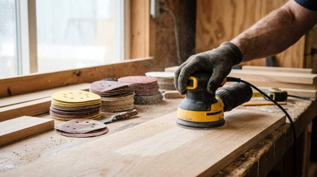 Woodworking Tools for Beginners: The 12 Essentials You Actually Need (and 5 You Don't) 7 Random orbital sander smoothing the surface of a wooden panel