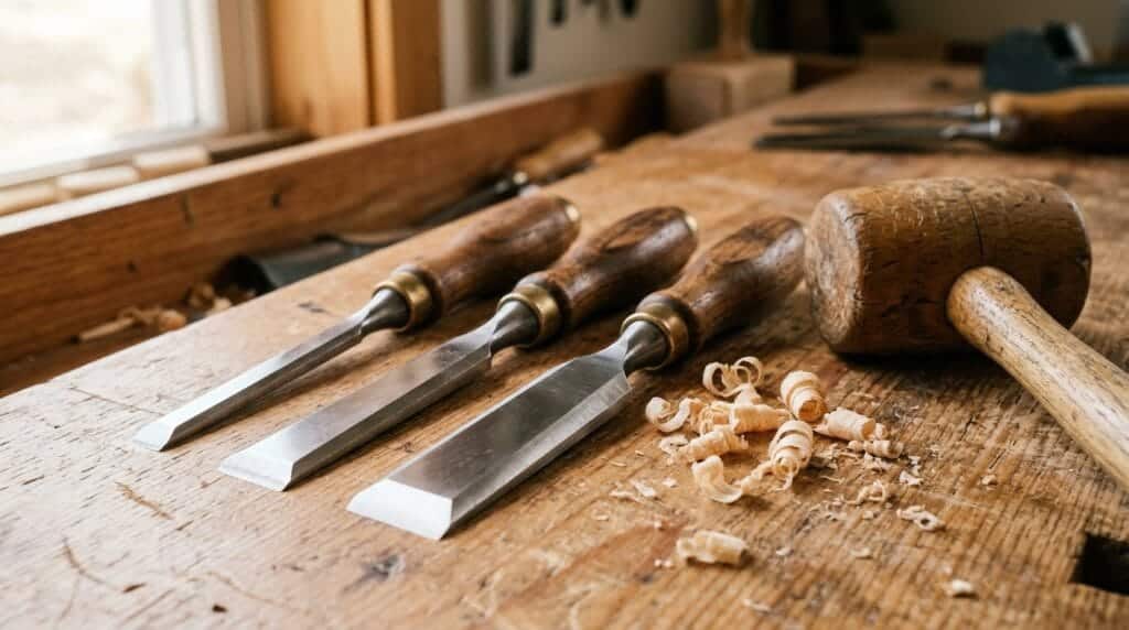 Woodworking Tools for Beginners: The 12 Essentials You Actually Need (and 5 You Don't) 8 Set of wood chisels with wooden handles beside a mallet on a workbench