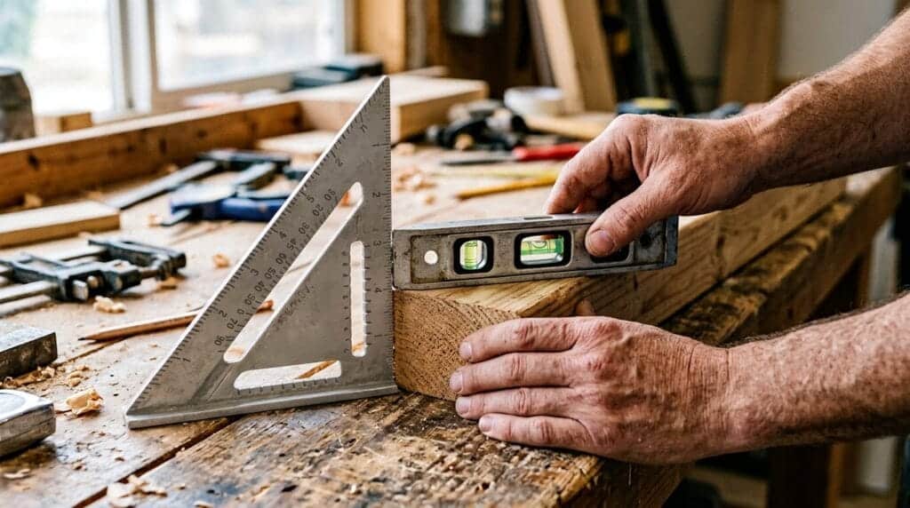 Woodworking Tools for Beginners: The 12 Essentials You Actually Need (and 5 You Don't) 9 Speed square and spirit level being used to check a right angle on lumber