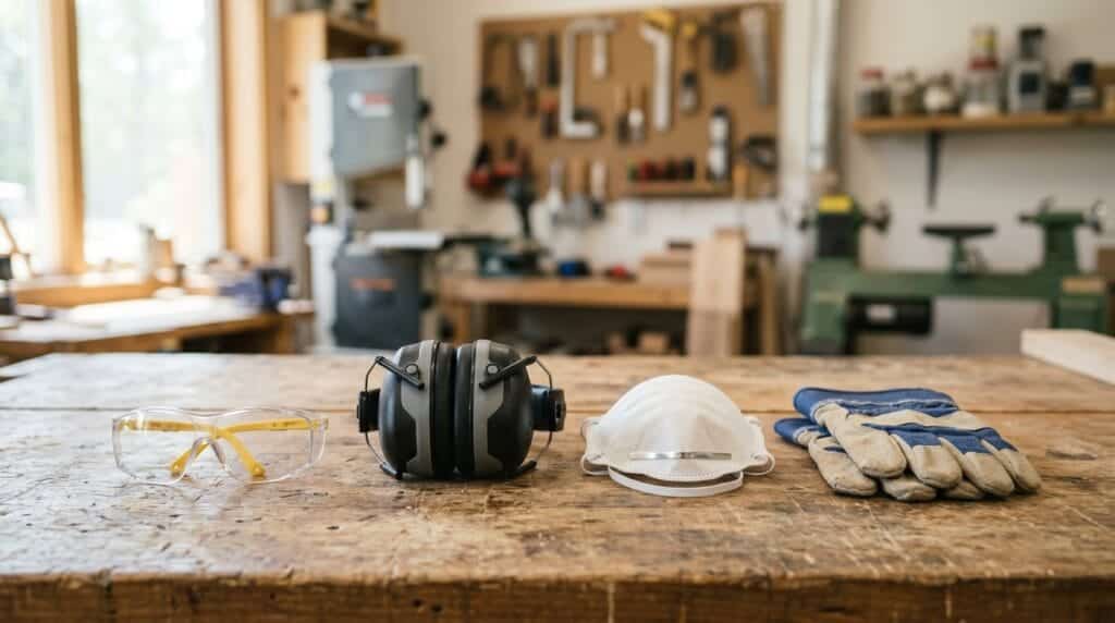Woodworking Tools for Beginners: The 12 Essentials You Actually Need (and 5 You Don't) 10 Woodworking safety gear including glasses, ear defenders, dust mask and gloves on a bench