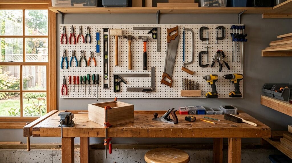 Woodworking Tools for Beginners: The 12 Essentials You Actually Need (and 5 You Don't) 11 Hand tools neatly hung on a pegboard wall above a simple wooden workbench