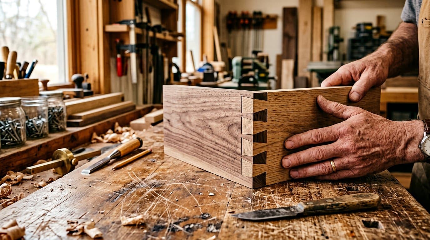 Home Decor & DIY Woodworking 1 A hand-cut dovetail joint connecting two wooden boards on a workbench in warm workshop light